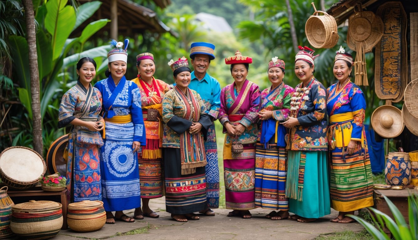 Sekelompok orang Indonesia mengenakan pakaian adat dari berbagai suku, berdiri di luar ruangan dengan latar alam dan barang-barang budaya tradisional.