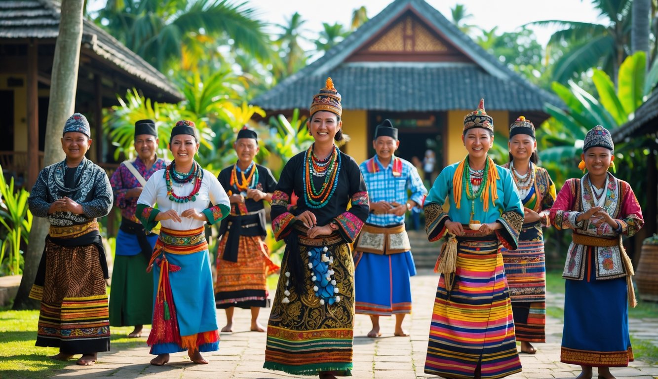 Sekelompok orang Indonesia dari berbagai suku mengenakan pakaian adat tradisional di lingkungan luar ruangan dengan rumah tradisional dan pepohonan di latar belakang.