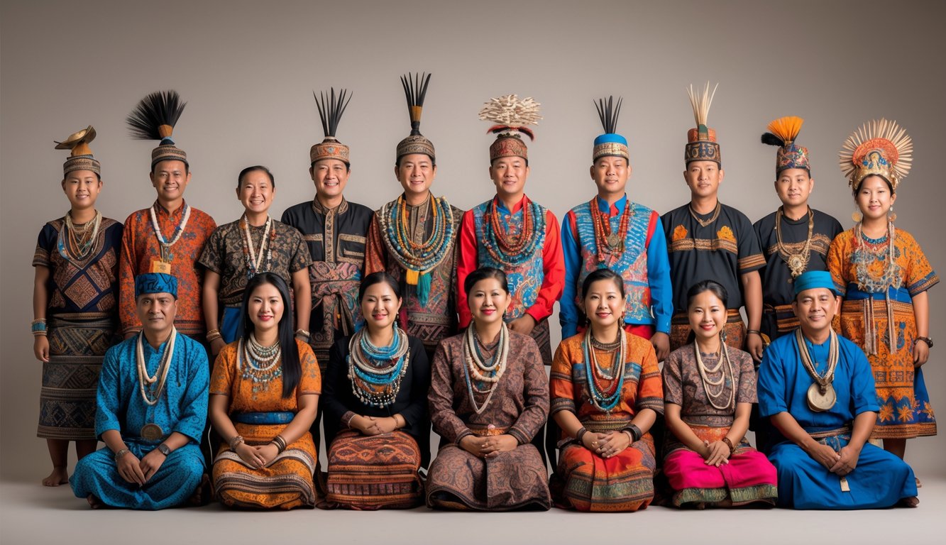 Sekelompok orang dari berbagai suku di Indonesia mengenakan pakaian adat tradisional yang berbeda-beda, berdiri bersama dalam latar belakang netral.