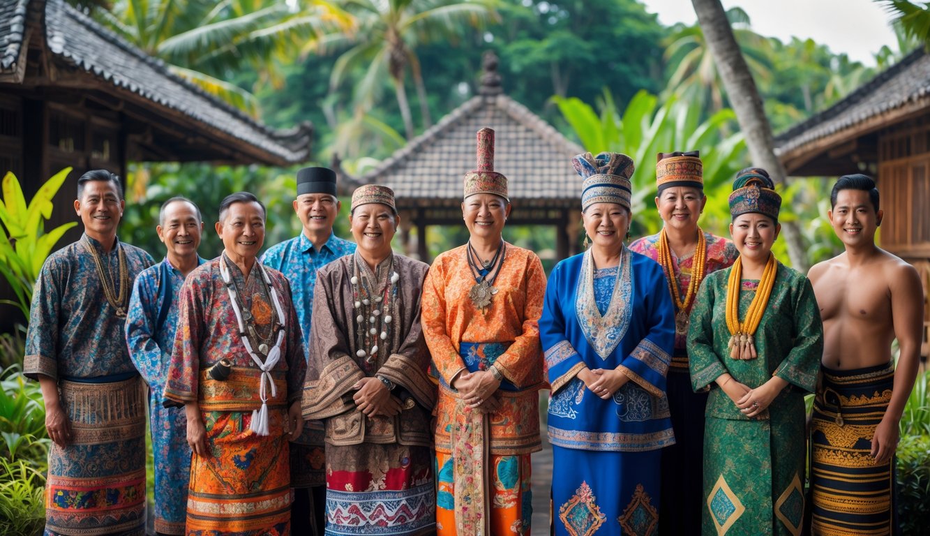 Sekelompok orang mengenakan pakaian adat tradisional dari berbagai suku di Indonesia berdiri di luar ruangan dengan latar belakang pepohonan tropis dan bangunan tradisional.