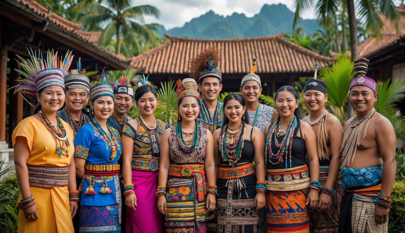 Sekelompok orang Indonesia mengenakan pakaian adat dari berbagai suku, berdiri di luar dengan latar belakang alam tropis dan bangunan tradisional.