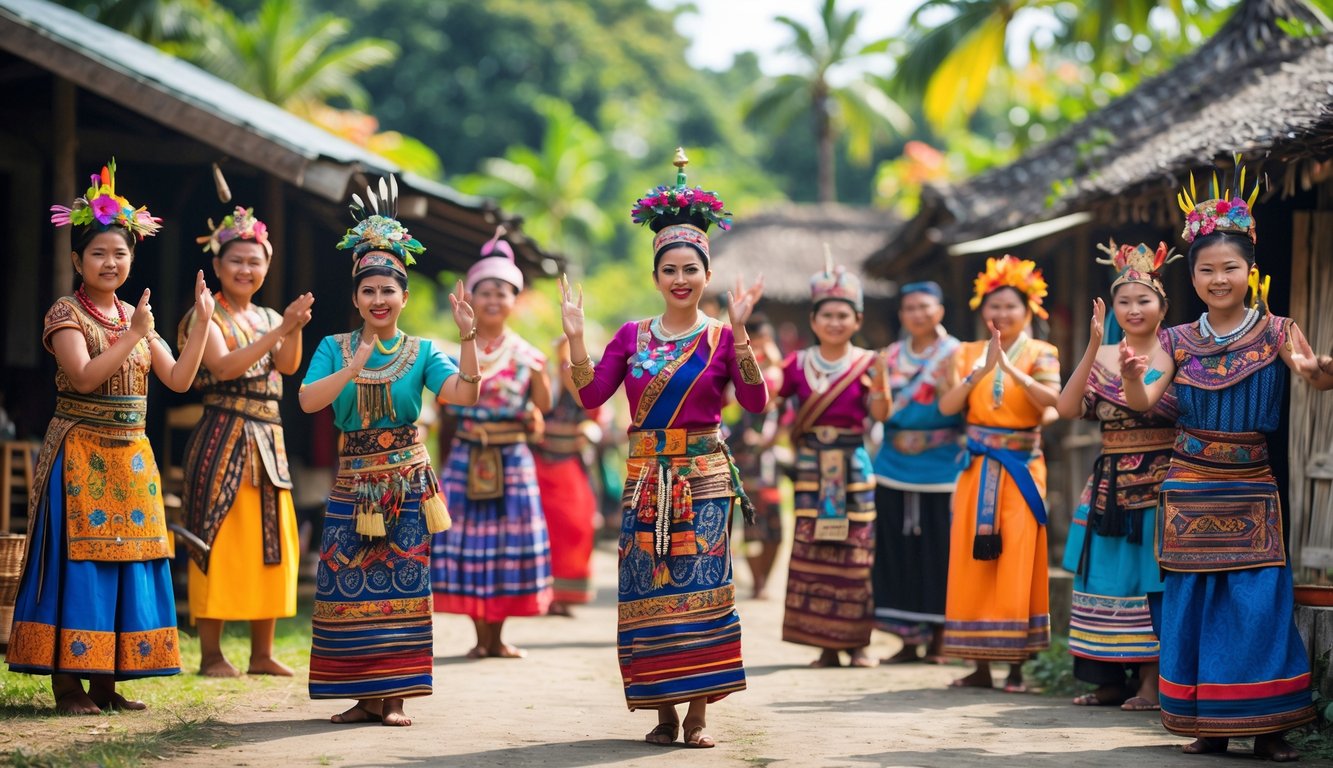 Orang-orang dari berbagai suku di Indonesia mengenakan pakaian adat tradisional dengan latar belakang alam dan suasana budaya yang beragam.
