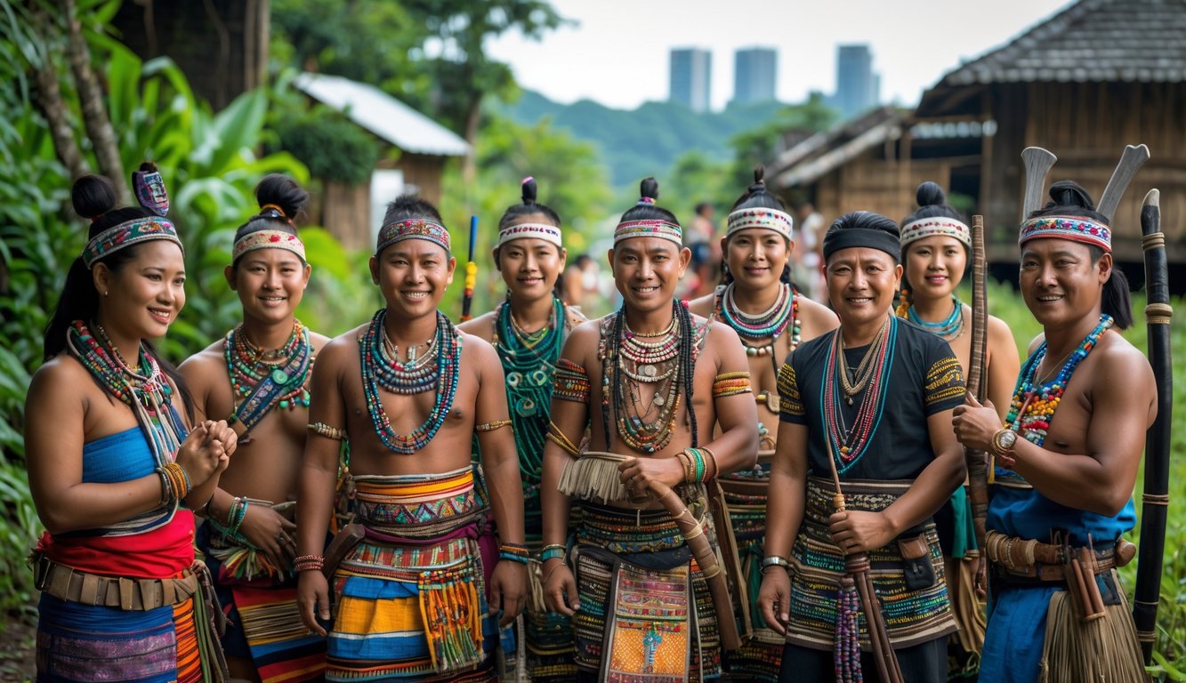 Sekelompok orang Indonesia mengenakan pakaian adat tradisional sedang berkumpul di luar ruangan dengan latar belakang rumah tradisional dan pepohonan.