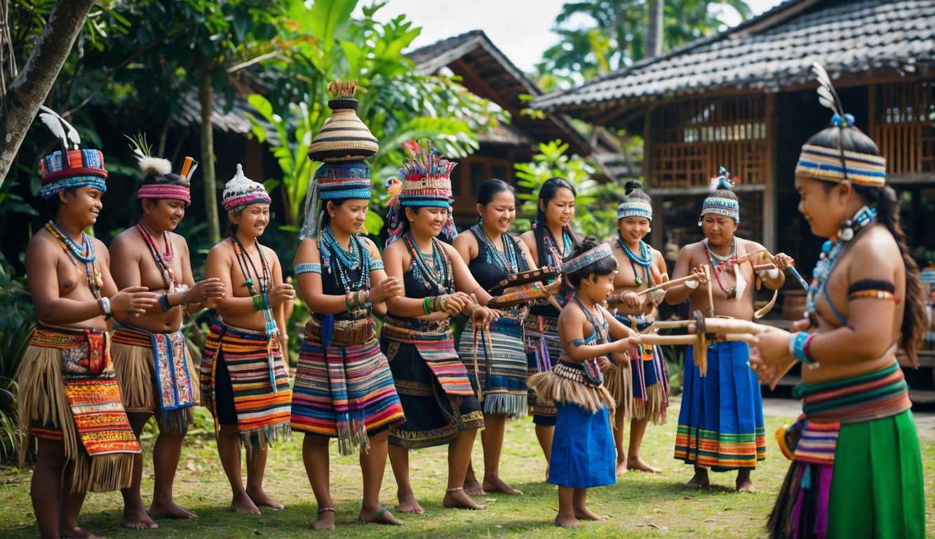 Sekelompok orang dari berbagai suku di Indonesia mengenakan pakaian adat tradisional sedang berkumpul di luar ruangan dengan latar belakang rumah adat dan pepohonan hijau.
