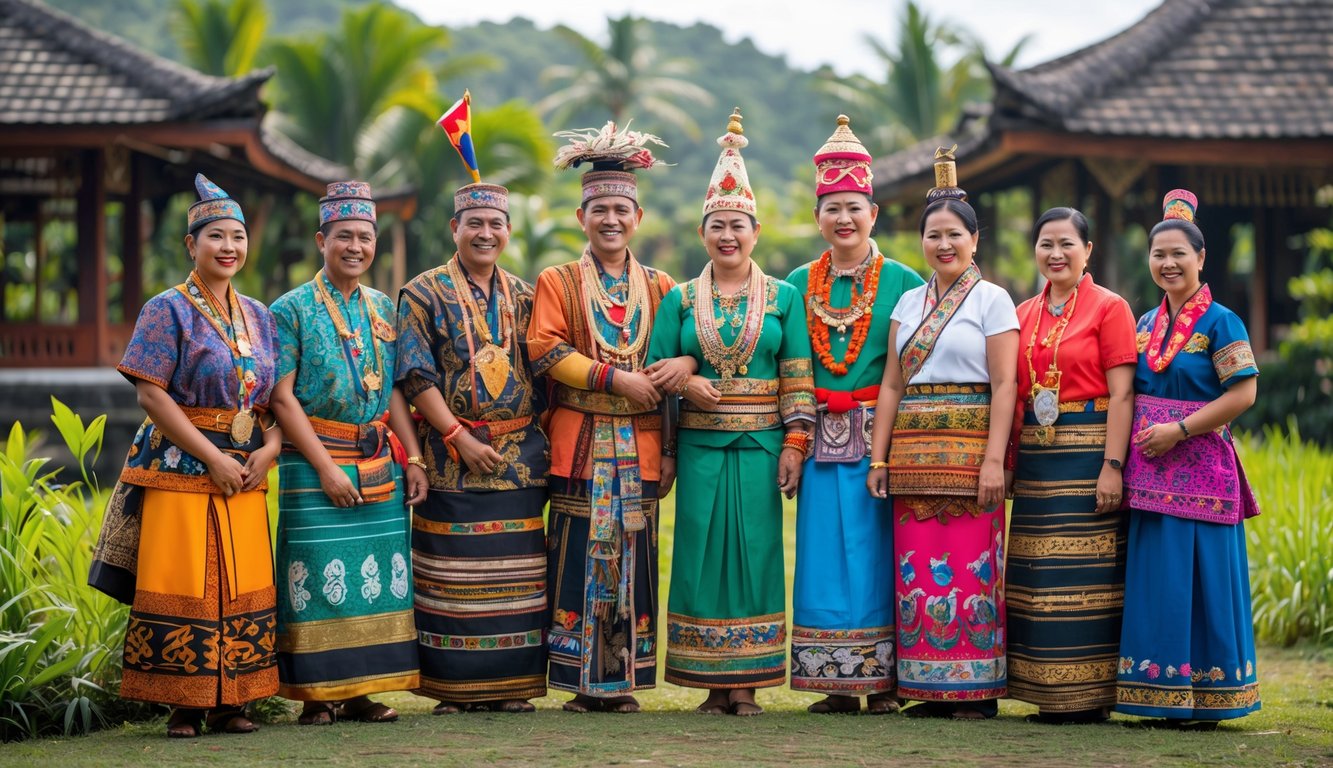 Sekelompok orang mengenakan pakaian adat tradisional dari berbagai suku di Indonesia berdiri bersama di luar ruangan dengan latar belakang alam dan bangunan tradisional.