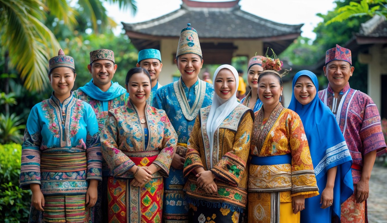 Sekelompok orang Indonesia mengenakan pakaian adat dari berbagai suku berdiri bersama di luar ruangan dengan latar belakang alam dan bangunan tradisional.