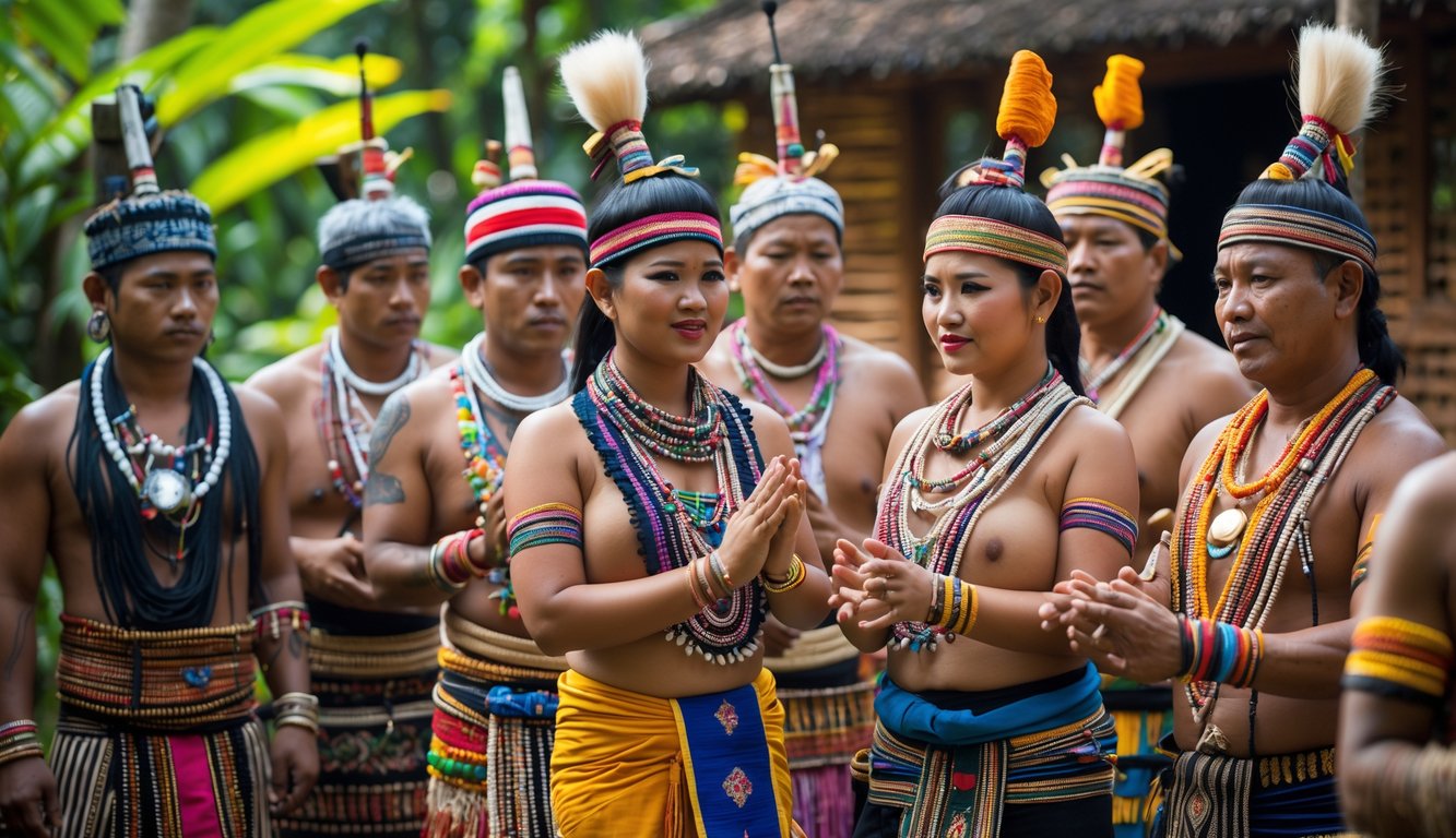 Sekelompok orang mengenakan pakaian adat tradisional Indonesia sedang berkumpul di luar ruangan dalam suasana upacara atau ritual budaya.