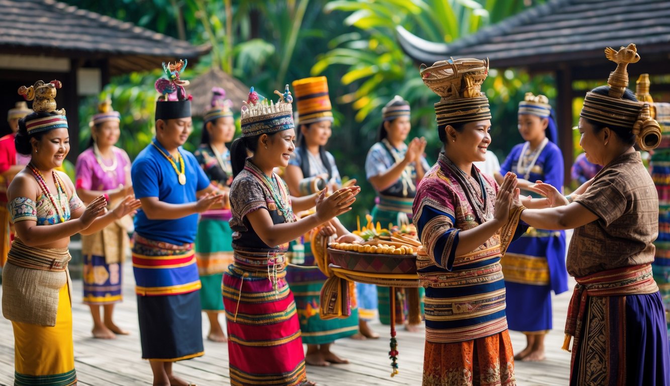 Sekelompok orang Indonesia mengenakan pakaian adat tradisional dari berbagai suku sedang melakukan upacara dan kegiatan budaya di luar ruangan dengan latar belakang alam dan arsitektur tradisional.