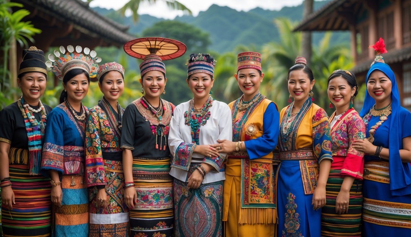 Sekelompok orang Indonesia dari berbagai suku sedang mengenakan pakaian tradisional khas masing-masing dengan latar belakang alam dan bangunan tradisional.