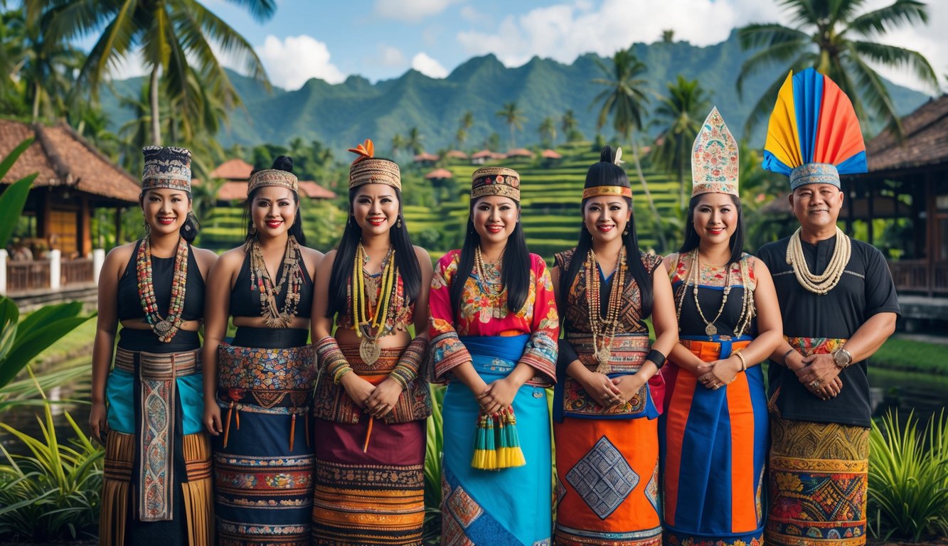 Sekelompok orang Indonesia dari berbagai suku mengenakan pakaian tradisional khas daerah masing-masing, berdiri bersama di luar ruangan dengan latar belakang pemandangan alam tropis dan bangunan tradisional.