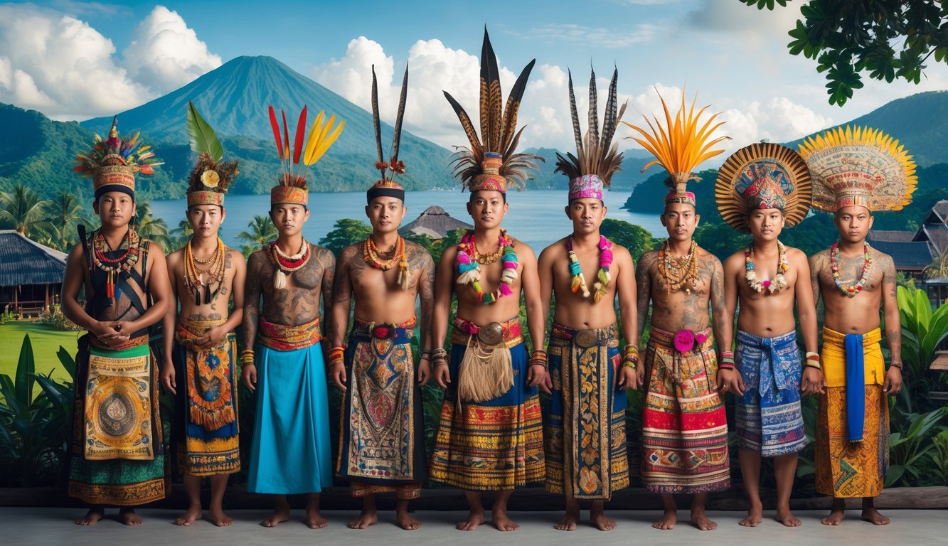 Berbagai kelompok suku Indonesia dari Sabang sampai Merauke mengenakan pakaian tradisional khas mereka dengan latar belakang pemandangan alam Indonesia yang beragam.