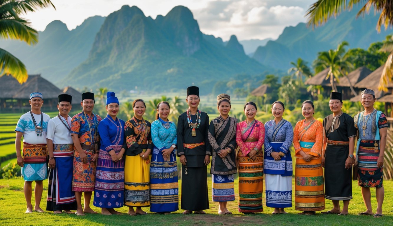 Sekelompok orang Indonesia dari berbagai suku mengenakan pakaian tradisional berdiri bersama di luar ruangan dengan latar belakang pemandangan alam tropis.