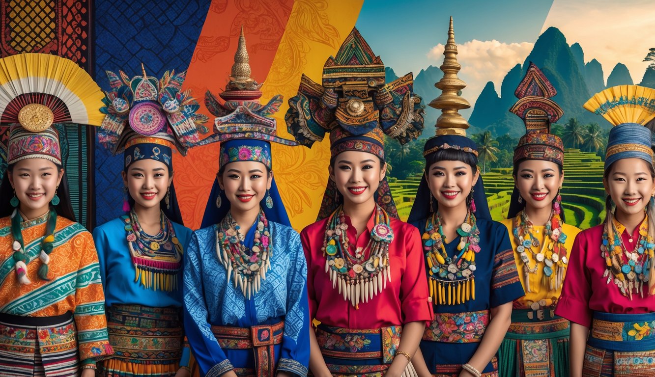 Beberapa orang mengenakan pakaian tradisional dari berbagai suku di Indonesia dengan latar belakang pemandangan alam dan motif budaya Indonesia.