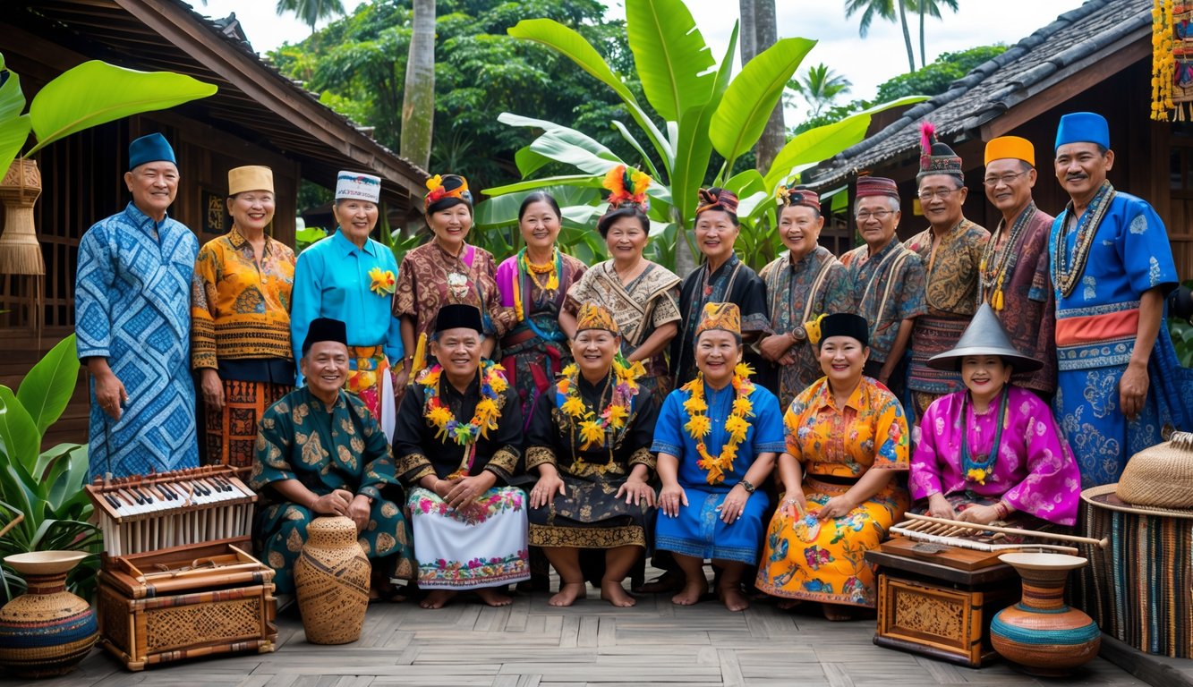 Sekelompok orang Indonesia mengenakan pakaian tradisional dari berbagai suku di luar ruangan dengan latar belakang tanaman tropis dan rumah adat.