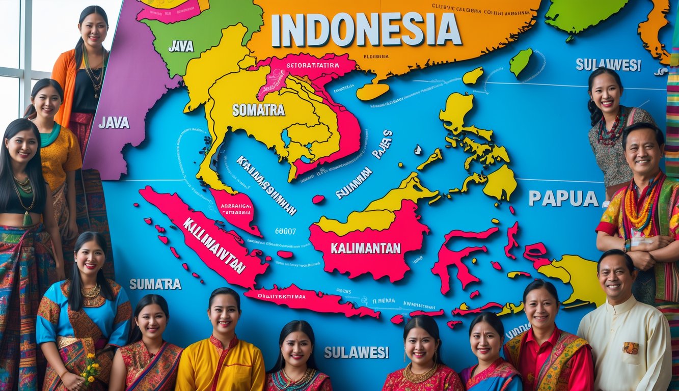 Peta Indonesia yang menunjukkan pulau-pulau utama dengan orang-orang dari berbagai suku besar mengenakan pakaian tradisional berdiri di sekitar peta.