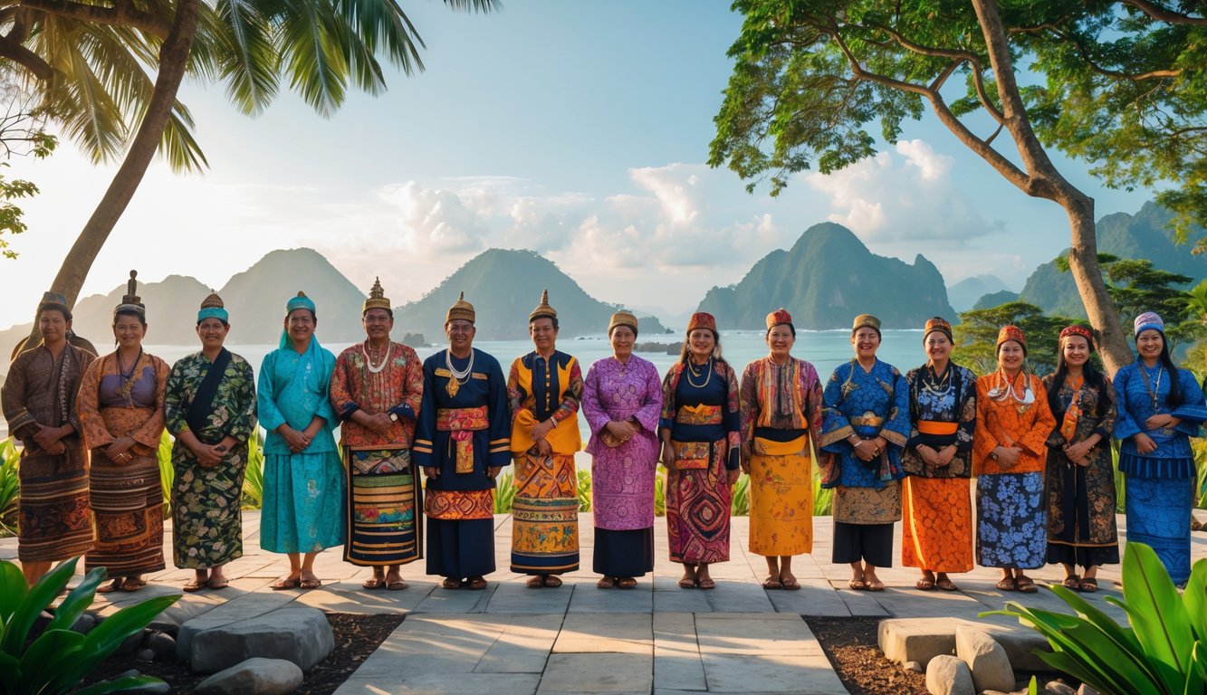 Sekelompok orang dengan pakaian tradisional dari berbagai suku terbesar di Indonesia berkumpul di luar ruangan dengan latar belakang alam yang mewakili pulau-pulau di Indonesia.
