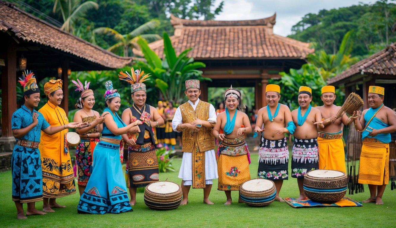 Sekelompok orang Indonesia mengenakan pakaian tradisional dari berbagai daerah sedang melakukan kegiatan budaya di luar ruangan.