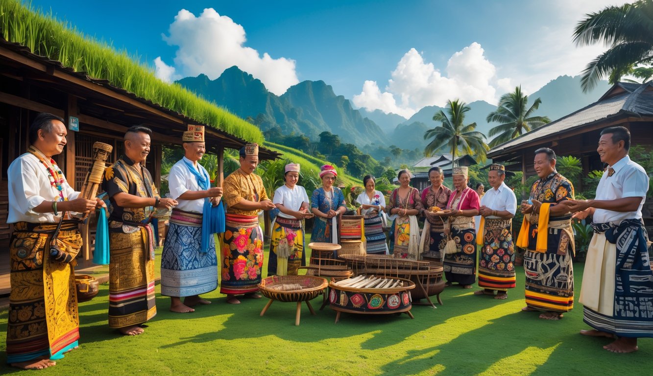 Sekelompok orang Indonesia dari berbagai suku mengenakan pakaian tradisional sedang berkumpul di luar ruangan dengan latar pemandangan alam tropis dan rumah adat.