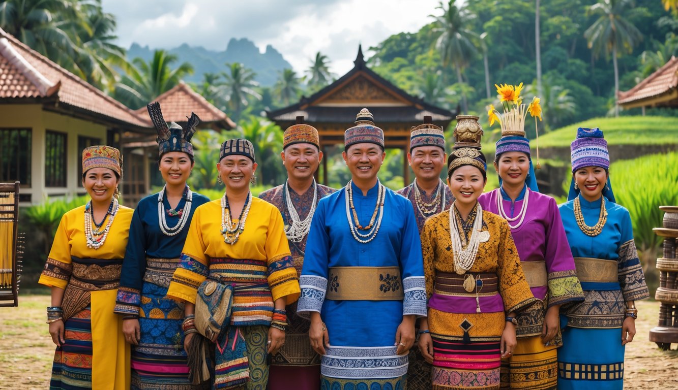 Sekelompok orang Indonesia mengenakan pakaian tradisional dari berbagai suku dengan latar belakang rumah adat dan pemandangan alam tropis.