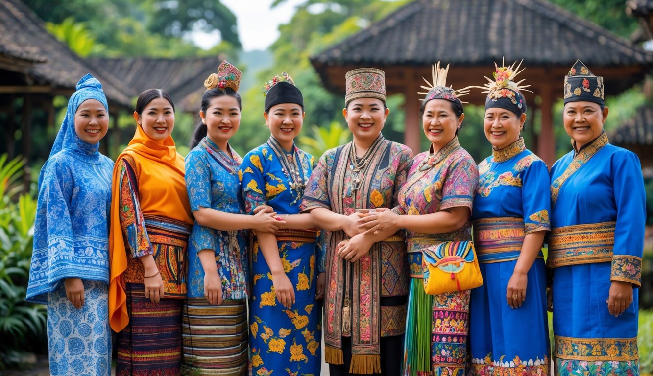 Sekelompok orang Indonesia mengenakan pakaian tradisional dari berbagai suku, berdiri bersama di luar ruangan dengan latar belakang alam dan arsitektur tradisional.
