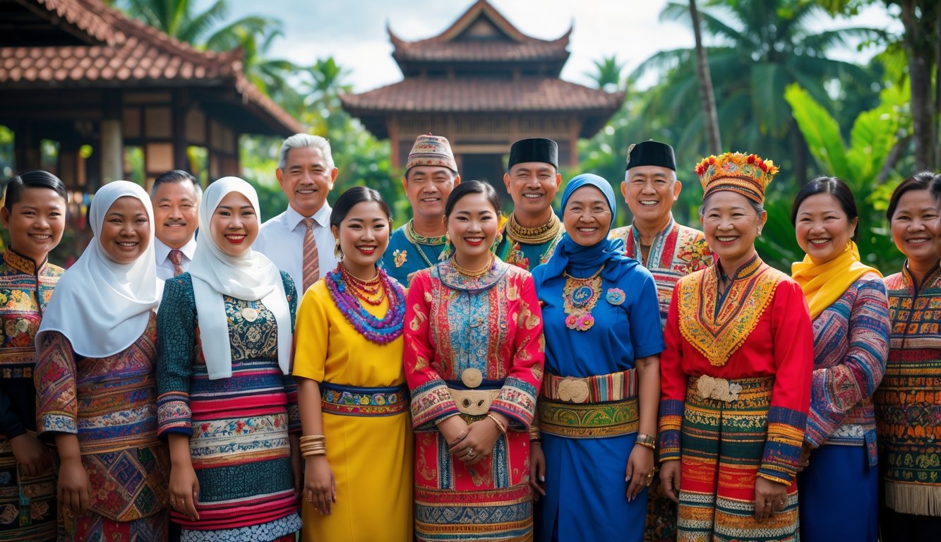 Sekelompok orang Indonesia dari berbagai suku mengenakan pakaian adat tradisional, berkumpul di luar ruangan dengan latar alam tropis.