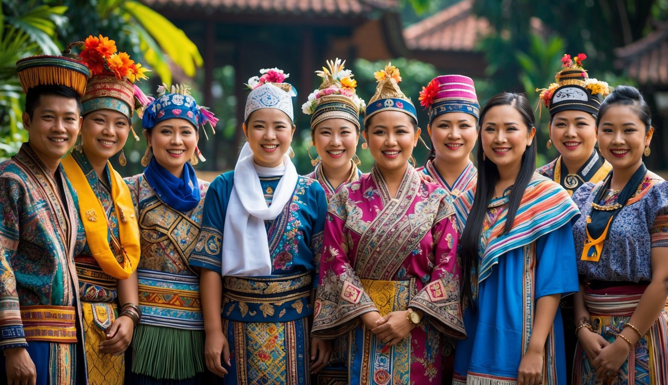 Sekelompok orang Indonesia dari berbagai suku memakai pakaian adat tradisional yang berwarna-warni, berdiri bersama di luar ruangan dengan latar belakang alam.