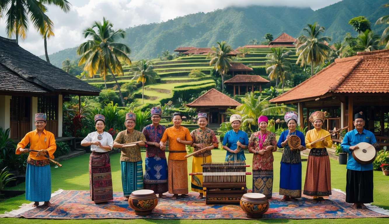 Sekelompok orang Indonesia mengenakan pakaian tradisional dari berbagai suku sedang melakukan aktivitas budaya seperti menari dan memainkan alat musik tradisional di latar belakang rumah adat dan pemandangan alam tropis.