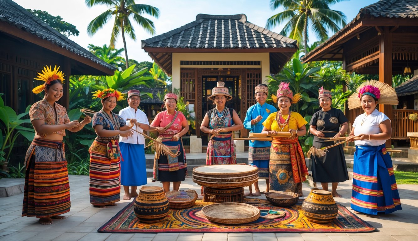 Beberapa orang mengenakan pakaian tradisional Indonesia dari berbagai suku sedang melakukan aktivitas budaya di luar ruangan dengan latar pepohonan dan bangunan tradisional.