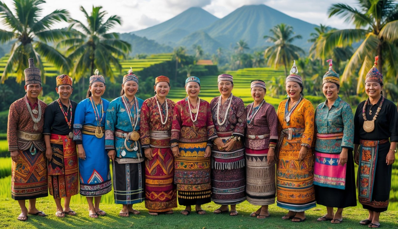 Sekelompok orang Indonesia mengenakan pakaian tradisional dari berbagai suku berdiri bersama di luar ruangan dengan latar belakang alam tropis.
