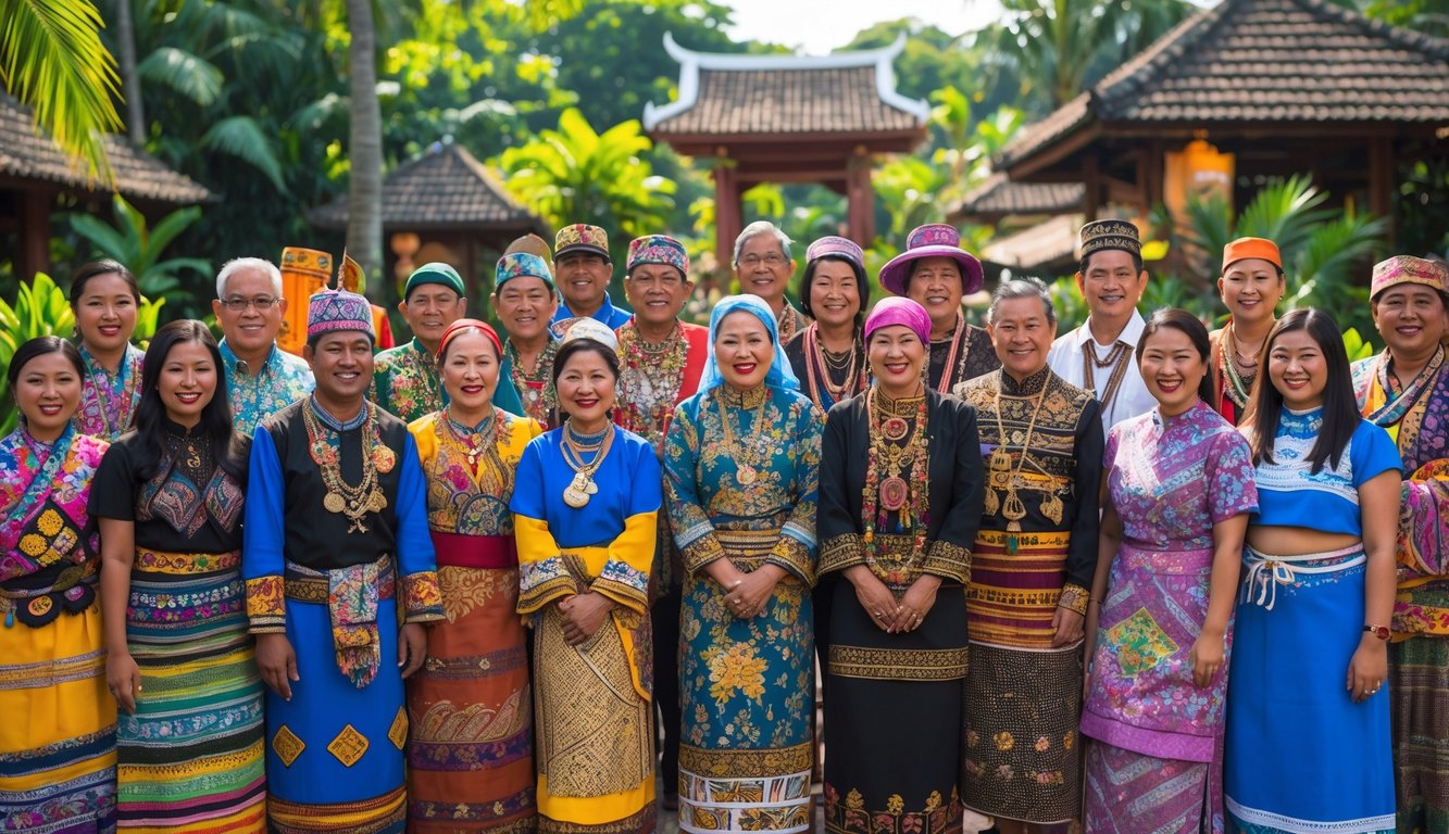 Sekelompok orang Indonesia dengan pakaian tradisional dari berbagai suku sedang berkumpul di luar ruangan dengan latar belakang alam tropis dan bangunan tradisional.
