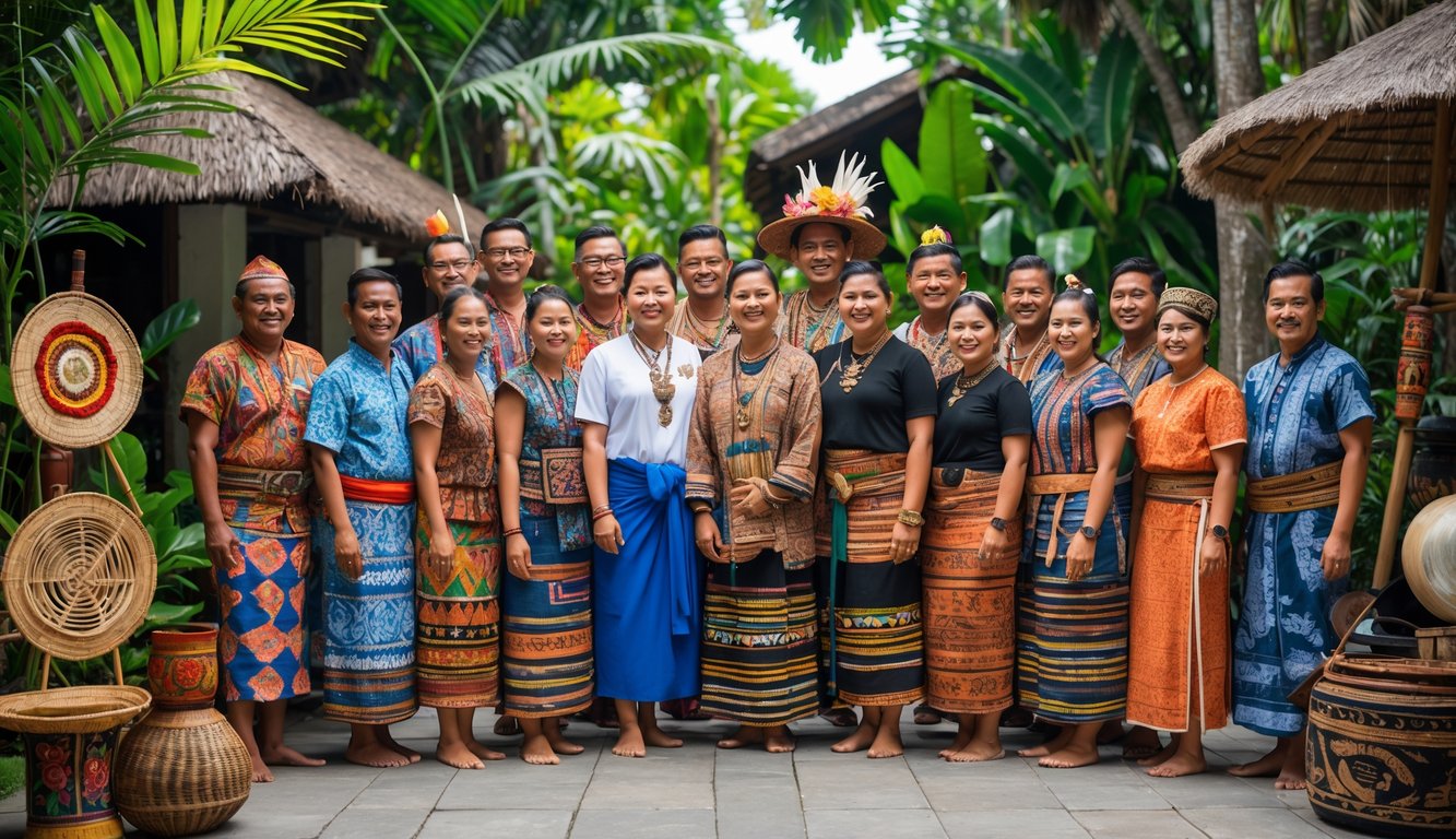 Sekelompok orang Indonesia dari berbagai suku mengenakan pakaian tradisional sedang berdiri bersama di luar ruangan dengan latar belakang alam tropis.