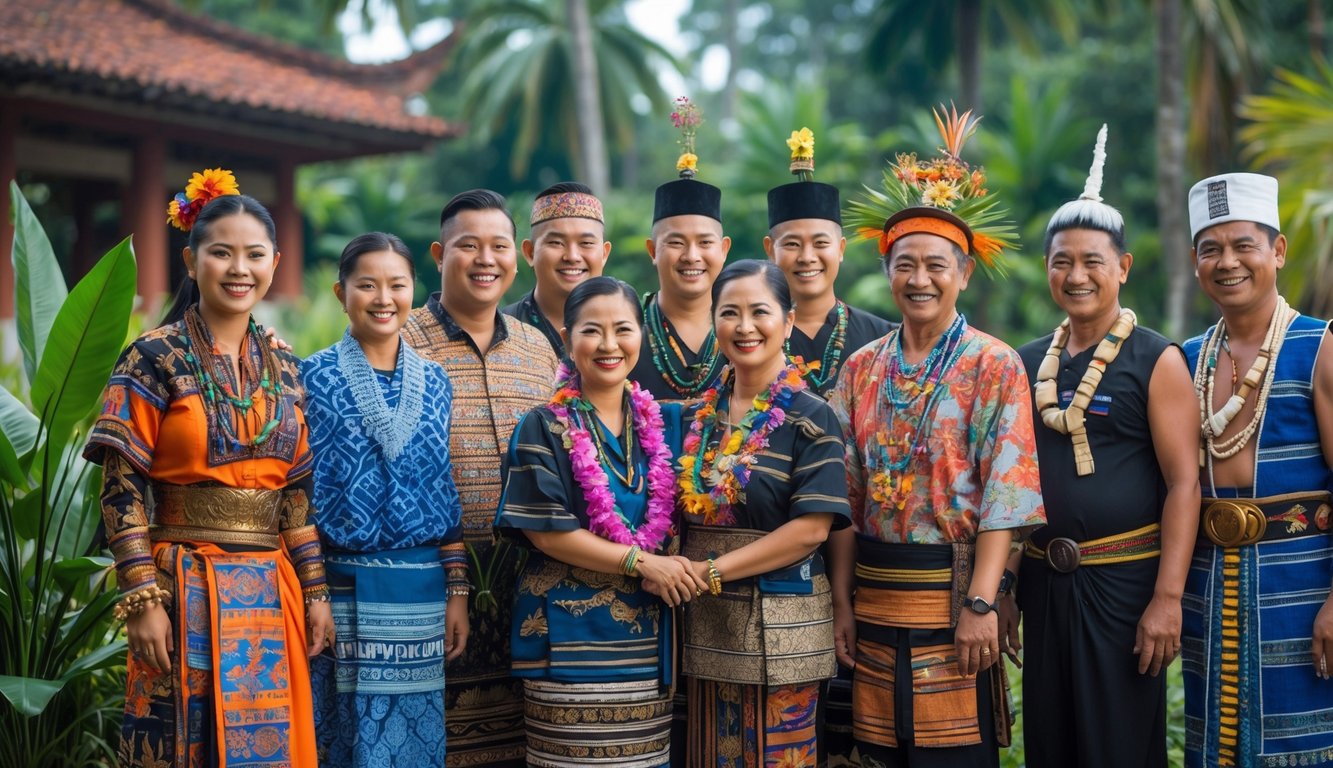 Sekelompok orang Indonesia dengan pakaian tradisional dari berbagai suku berdiri bersama di luar ruangan dengan latar belakang alam dan bangunan tradisional.