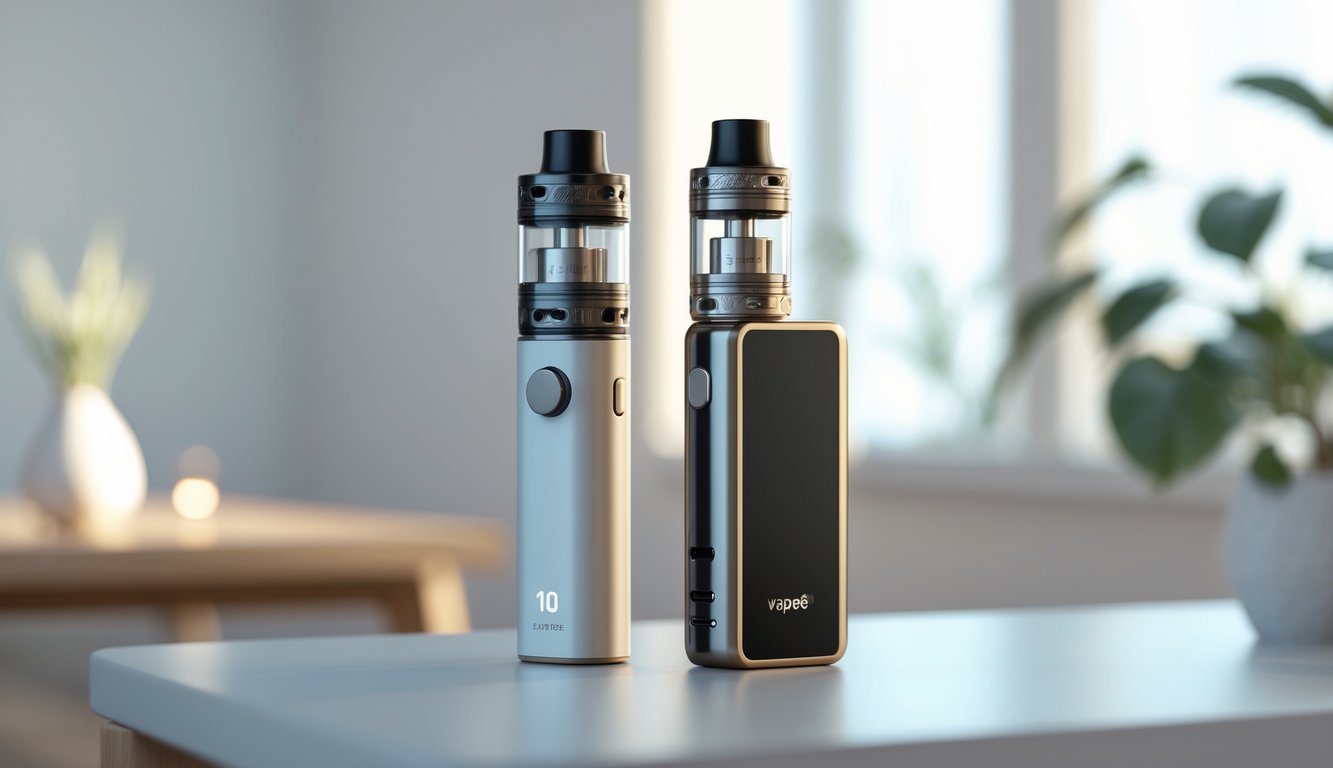 Dua perangkat vape modern diletakkan berdampingan di atas meja dengan latar belakang ruangan yang tenang dan tanaman.