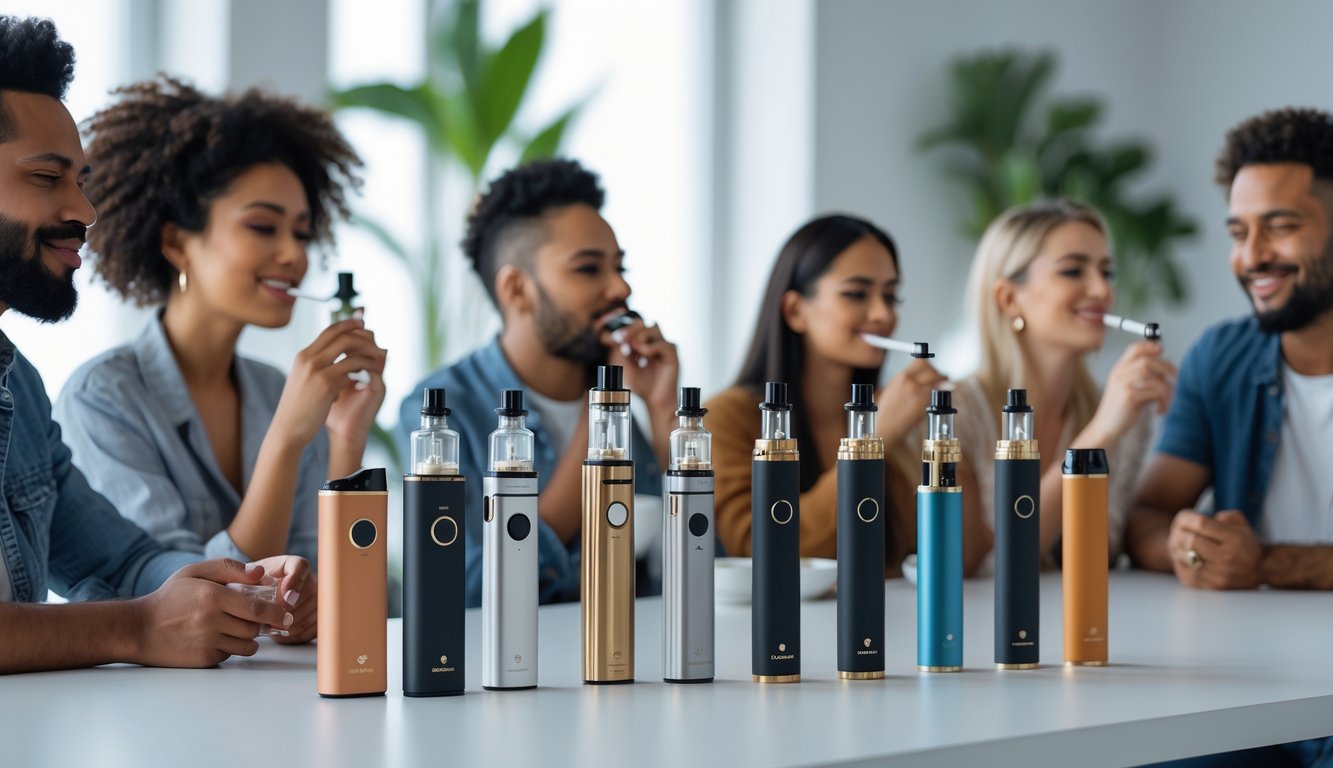 Sekelompok orang dari berbagai latar belakang sedang menggunakan vape di ruangan modern dengan perangkat vape yang ditampilkan di meja.