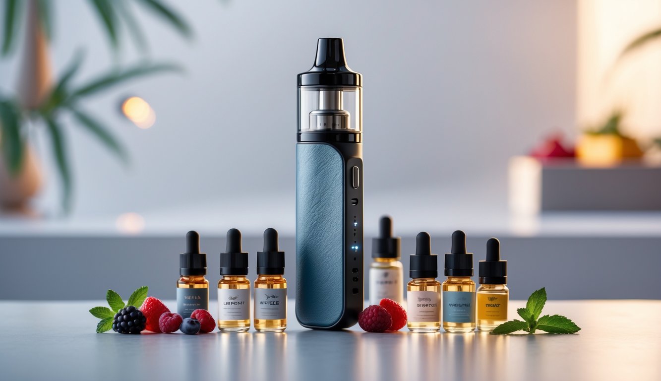 Perangkat vape modern dengan beberapa botol rasa vape dan bahan alami di sekitarnya di atas permukaan bersih.
