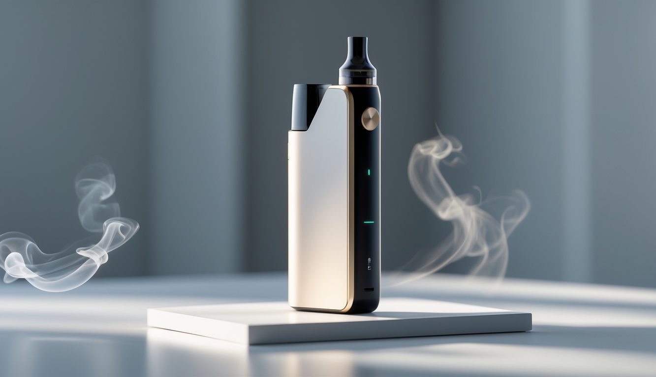 Sebuah perangkat vape modern dengan desain futuristik diletakkan di atas permukaan bersih dengan uap halus di sekitarnya.