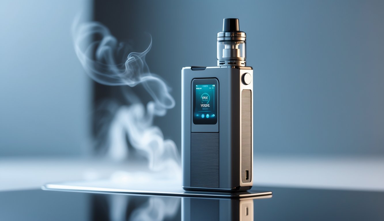 Sebuah perangkat vape modern dengan desain futuristik ditempatkan di atas permukaan reflektif dengan uap tipis di sekitarnya.