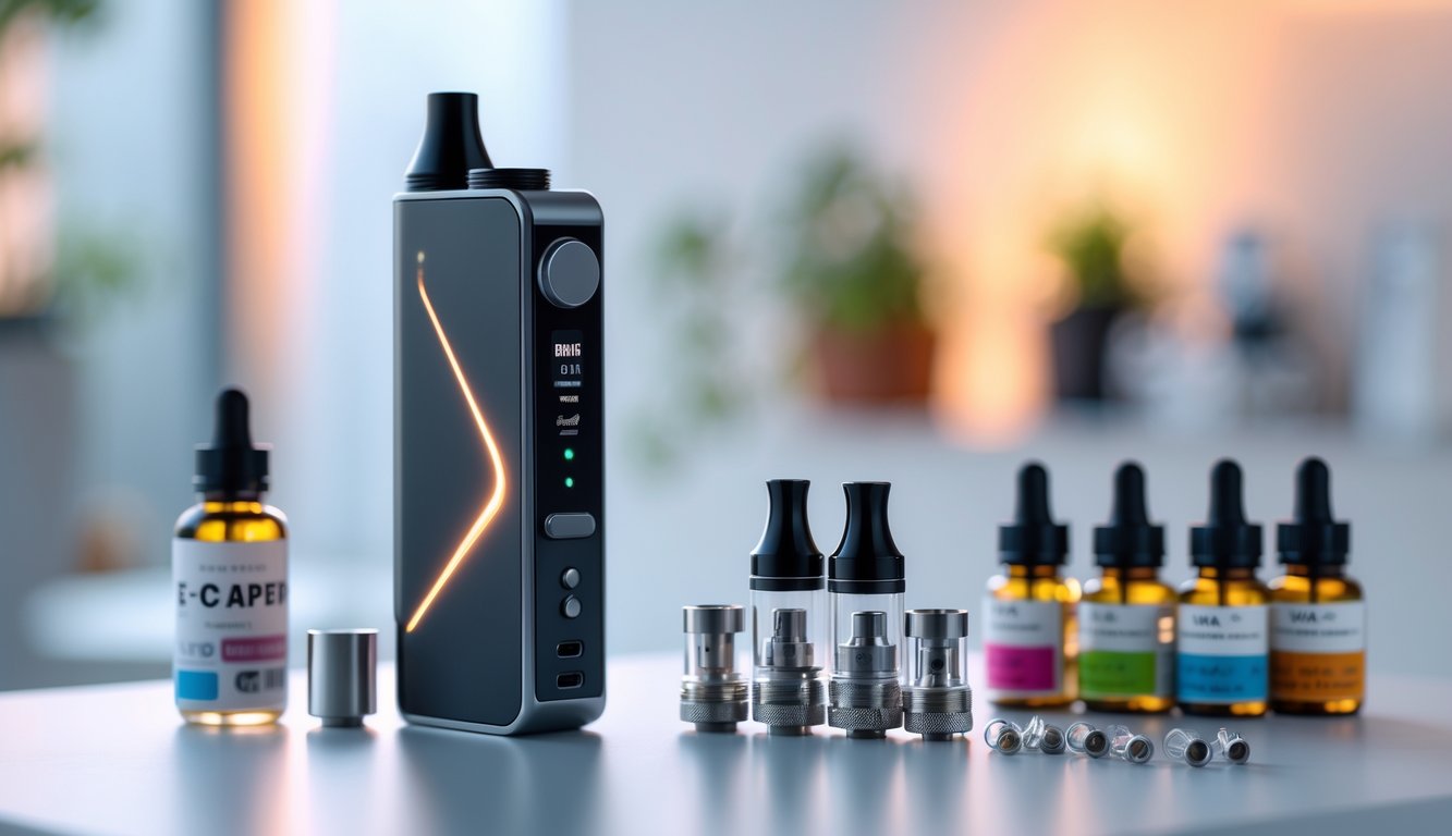 Perangkat vape modern dengan aksesori vape di atas permukaan bersih dengan latar belakang buram dan pencahayaan hangat.
