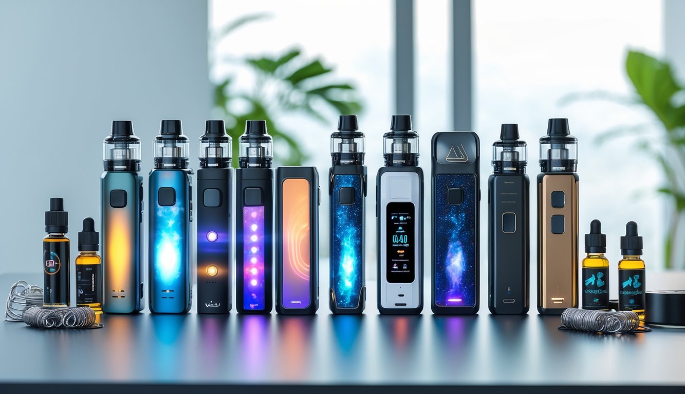 Beberapa perangkat vape terbaru tahun ini diletakkan rapi di atas meja modern dengan latar belakang minimalis.