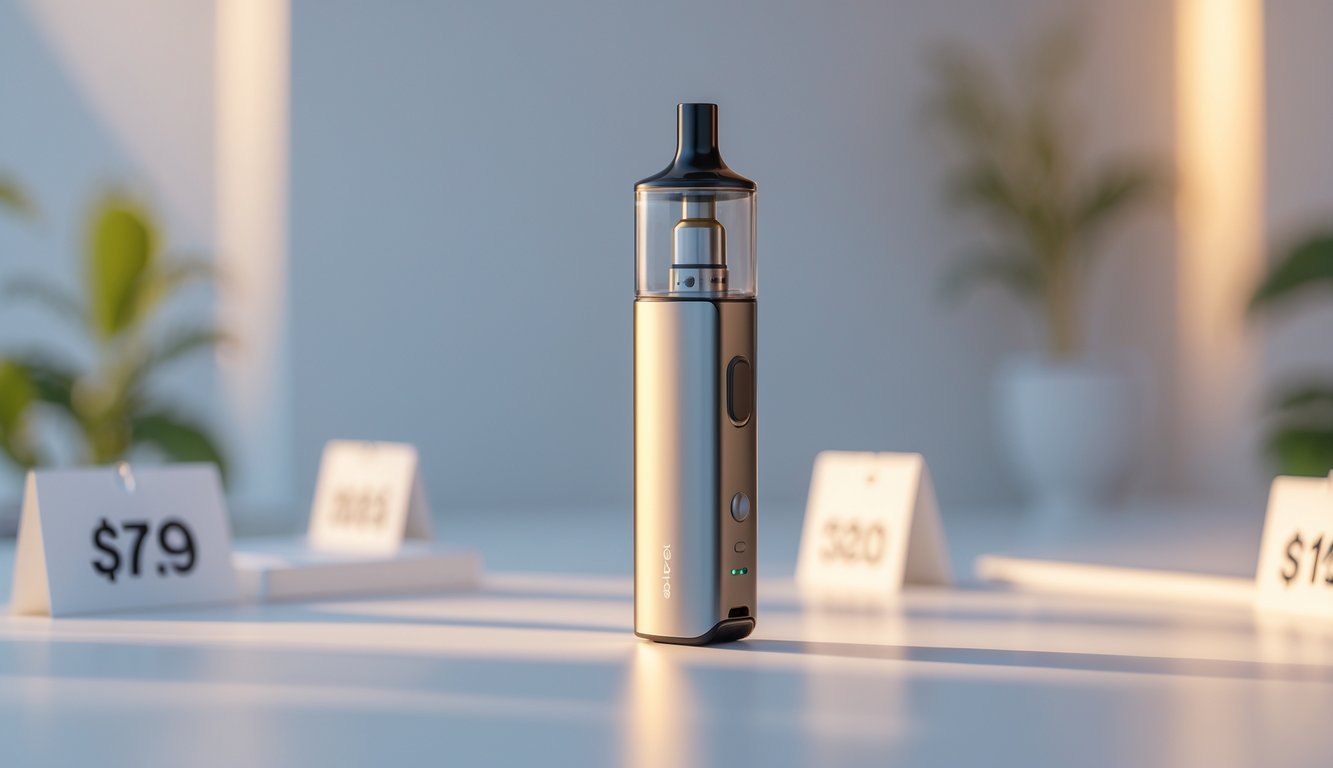 Sebuah perangkat vape modern dengan desain premium diletakkan di atas permukaan bersih dengan pencahayaan lembut.
