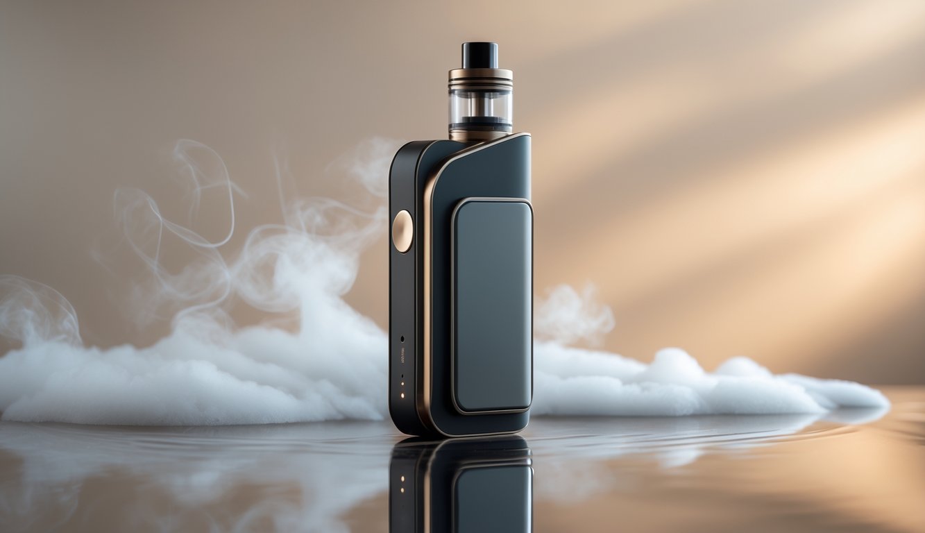 Sebuah perangkat vape modern diletakkan di atas permukaan reflektif dengan uap tipis di sekitarnya.