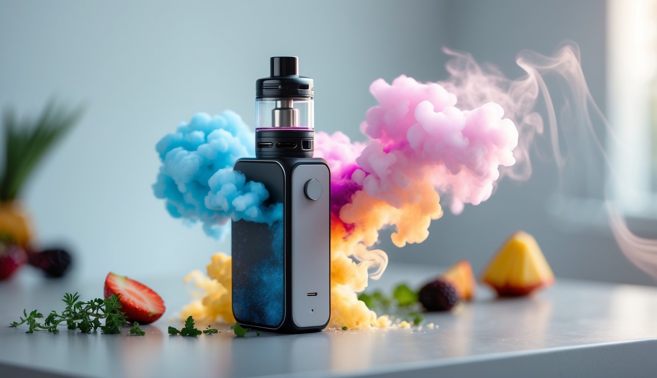 Perangkat vape modern dengan uap berwarna-warni dan elemen buah segar di latar depan.