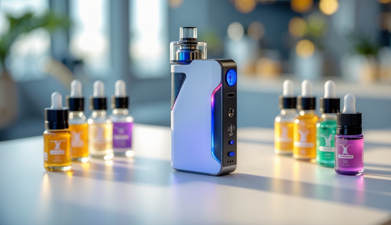 Perangkat vape modern dengan botol rasa berwarna-warni di atas meja bersih dalam suasana kafe yang trendi.