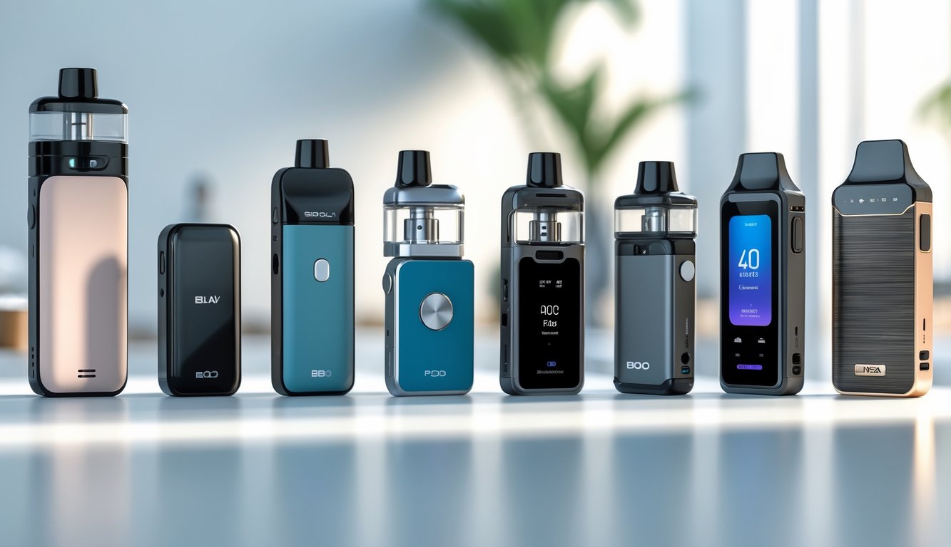 Berbagai perangkat vape pod dan mod yang modern dan beragam tersusun rapi di atas permukaan putih.