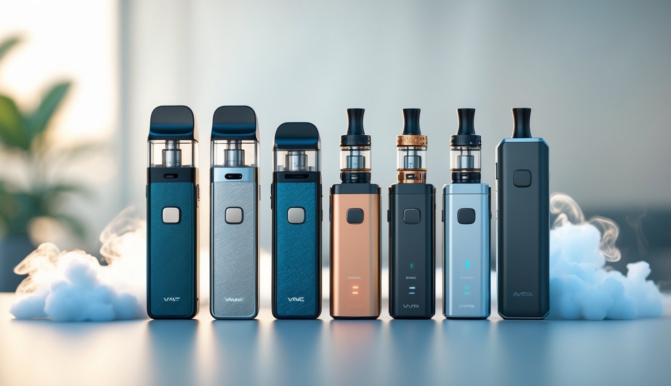 Beberapa perangkat vape pod dan mod yang tersusun rapi di atas permukaan bersih dengan latar belakang buram dan sedikit asap vape di sekitarnya.
