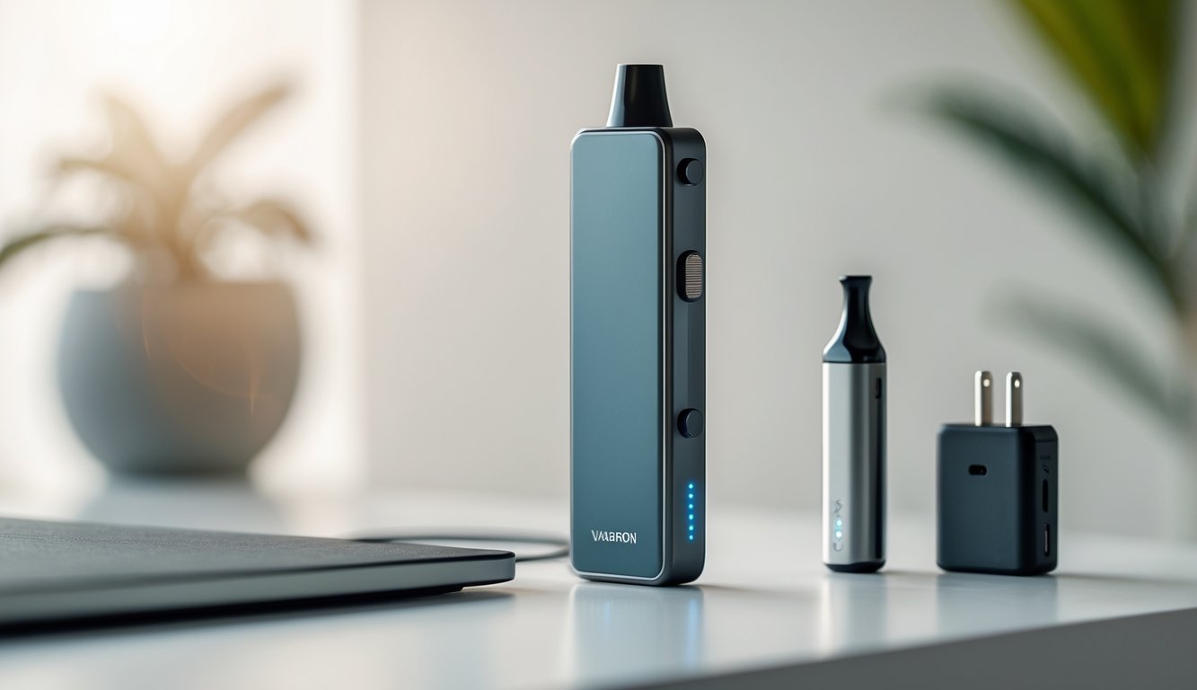 Sebuah perangkat vape sederhana dan modern diletakkan di atas meja dengan aksesori di sekitarnya.