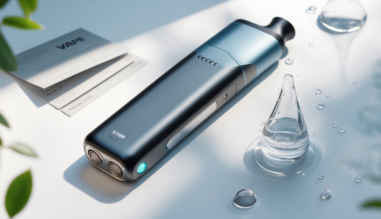 Sebuah perangkat vape modern dan mudah digunakan diletakkan di atas permukaan putih dengan pencahayaan alami, menunjukkan desain yang tahan lama dan ramah pemula.