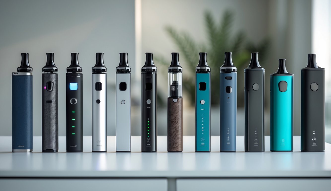 Beberapa perangkat vape modern diletakkan rapi di atas permukaan putih dengan latar belakang ruangan minimalis dan tanaman hijau.