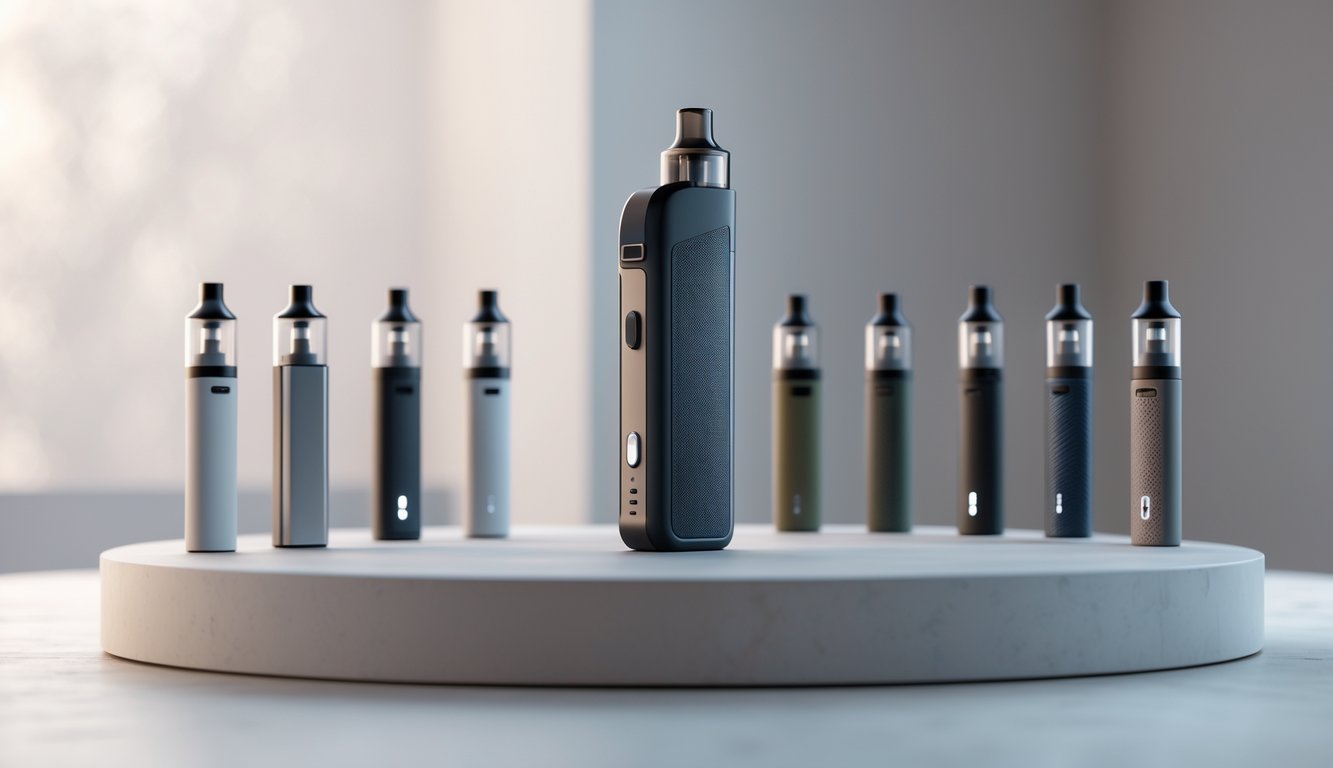 Beberapa perangkat vape modern dengan desain berbeda yang disusun rapi di atas permukaan bersih.