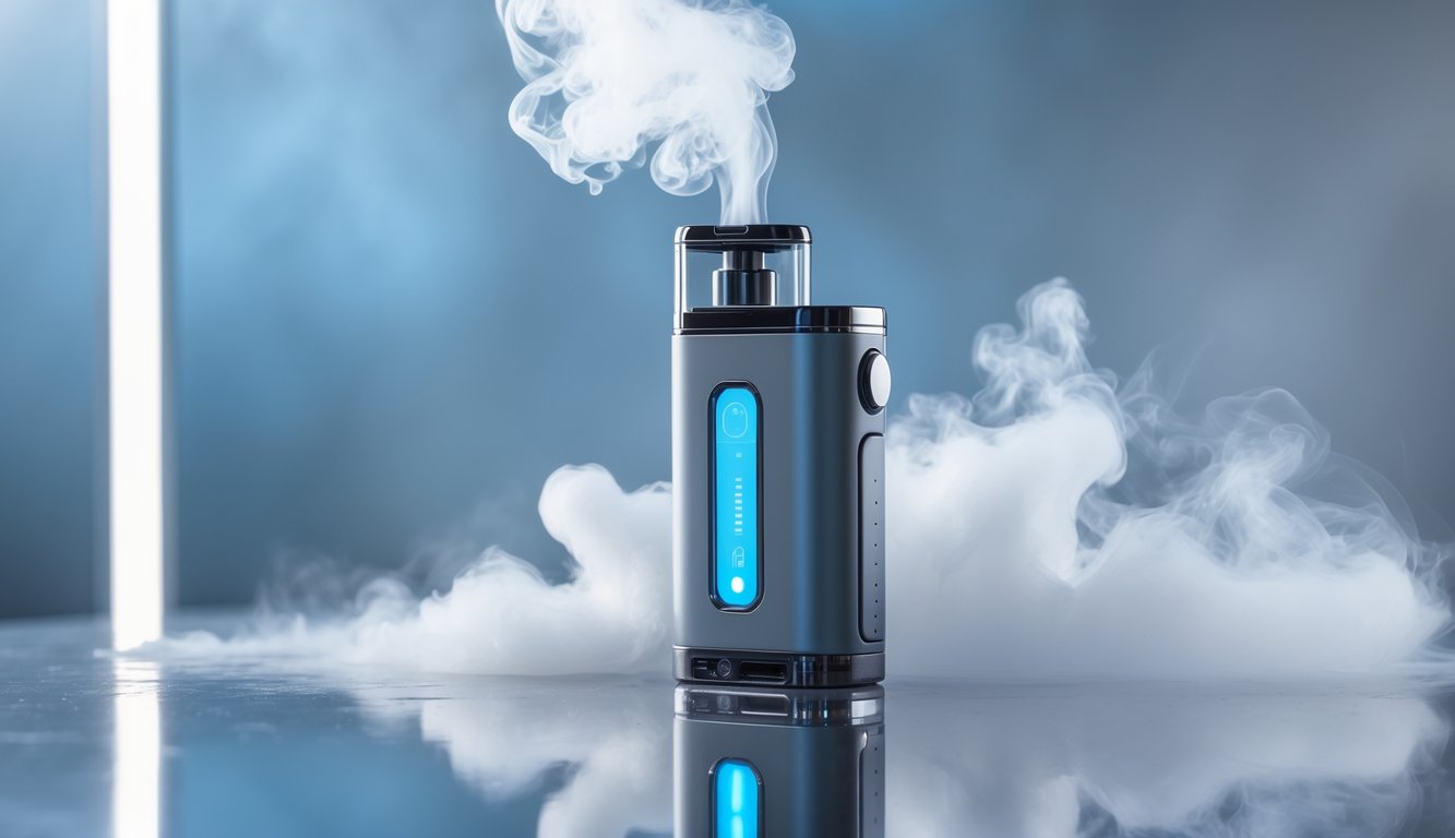 Sebuah perangkat vape modern dengan uap tebal yang keluar, diletakkan di atas permukaan reflektif dengan latar belakang buram berwarna biru dan perak.
